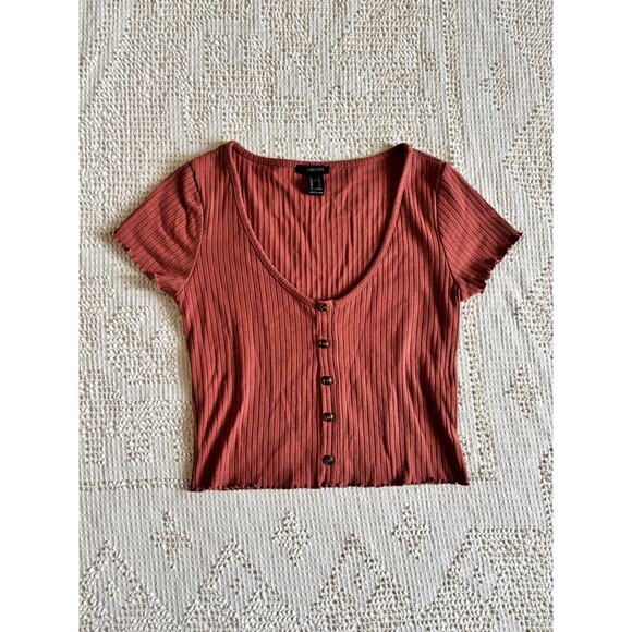 Forever 21 Pink Rib Knit Crop Top Short Sleeve Shirt Faux Buttons Size Large - Picture 1 of 9